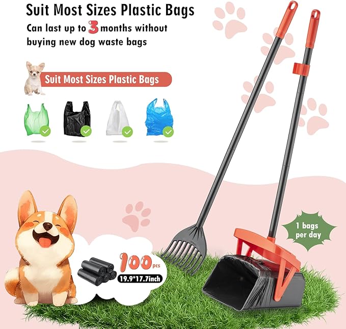 TIMINGILA 36" Pooper Scooper Swivel Bin & Rake with 100 Dog Poop Bags,Adjustable Long Handle for No-Bend Cleanup,Portable Non-Breakable Dog Poop Scooper for Large Medium Small Dogs