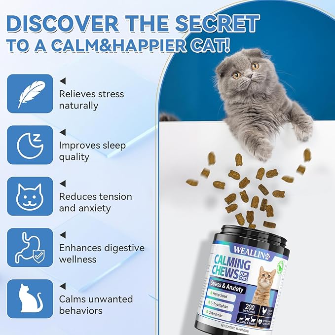 200 PCS Cat Calming Treats, Calming Treats for Cats Help to Manage Stress & Anxiety, Calming Aid for Cats with Hemp Seed Powder Chamomile Melatonin for Cat Anxiety Relief, Separation, Travel, Storms