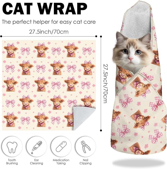 27.6" Cat Grooming Wrap, Self Adhesive Cat Wrap for Cutting Nails, Anti-Escape Calming Cat Swaddle Wrap for Medicine Ear Cleaning, Cow Anti-Scratch Cats Burrito Restraint Blanket, Practical Pet Tool