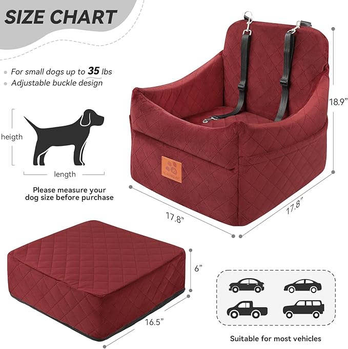 Dog Car Seat for Small/Medium Dogs, Dog Booster Car Seats with Thick Cushion for Dogs Under 35lbs, Detachable Washable Pet Car Seat with Storage Pockets, 2 Safety Belts(Red)