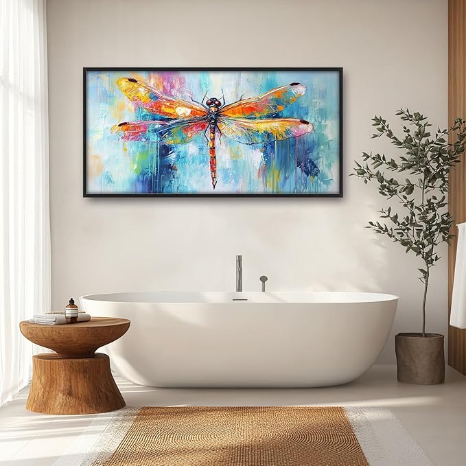 Extra Large Abstract Dragonfly Framed Wall Art for Living Room,Oversized Colorful Dragonfly Pictures Wall Decor,Teal Canvas Print Painting Modern Artwork Bedroom Office Bathroom 60L" x 30W"