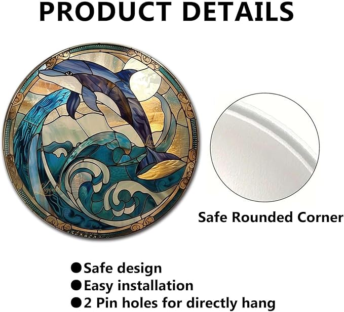 Lygond Metal Sign Tin Sign Circular Stained Glass Dolphin Wall Art for Restaurant 8×8 Inches