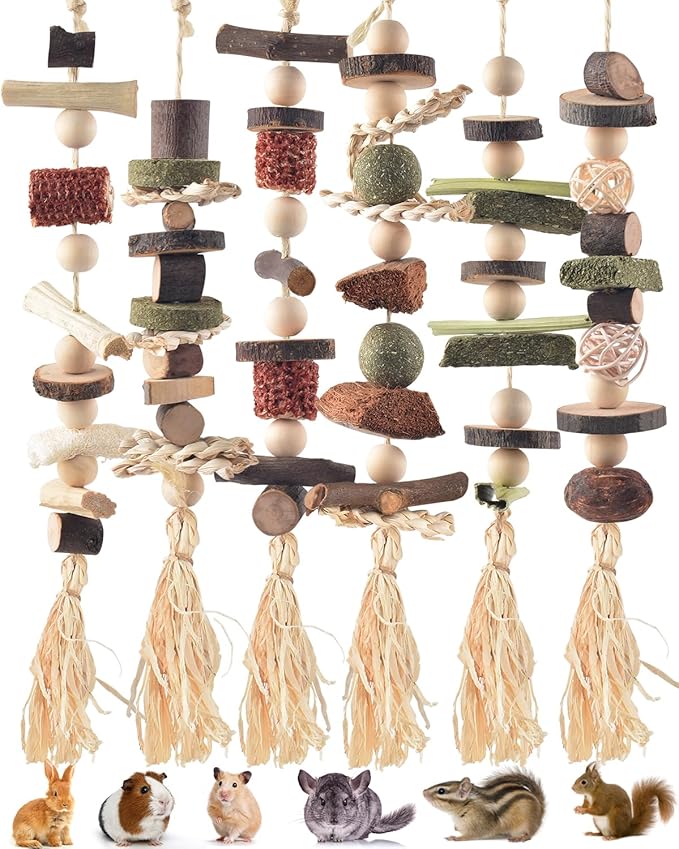 6PCS Bunny Chew Toys, Hamster Rabbit Cage Hanging Chew Toys, Natural Apple Wood Bunnies Treats, Improve Small Animal Teeth Health for Guinea Pig Chinchilla Ferret Rats Gerbil