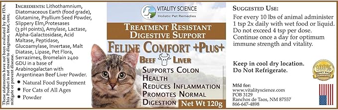 Feline Comfort Plus, Extra Drying Digestive Aid, GI Support Helps with Vomiting and Diarrhea, 100% Additive Free (Liver, Small)