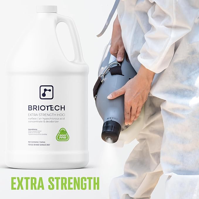 BRIOTECH Extra Strength HOCl Cleaner, 500 PPM Hypochlorous Acid Concentrate, ULV Foggers & Humidifiers, Professional Deodorizer for Dental, Offices, Schools, Homes, Peroxide Free, 1 Gallon (4 Pack)