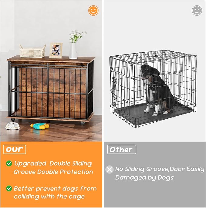 43.7" Dog Crate Furniture, XL Dog Crate Dog Kennel Indoor with Wheels for Large Medium Small Dogs, Wooden Dog Kennel End Table with Sliding Door Wooden Furniture Crates for Living Room, Bedroom