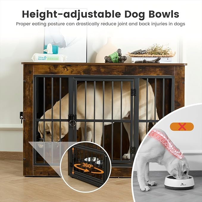 Gardner Pet Dog Crate Furniture for Medium Dogs, 32.7 Inch Dog Kennel Indoor, Wooden Dog Cage End Table with 2 Removable Bowls, Heavy Duty Dog Crate, Rustic Brown