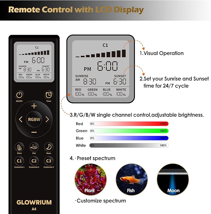 GLOWRIUM LED Aquarium Light with Remote, Full Spectrum Fish Tank Light with Auto Timer, IP67 Waterproof Freshwater Planted Tank Light, Dimmable RGB+W+Moon LEDs with High Performance (9W 12-17in)