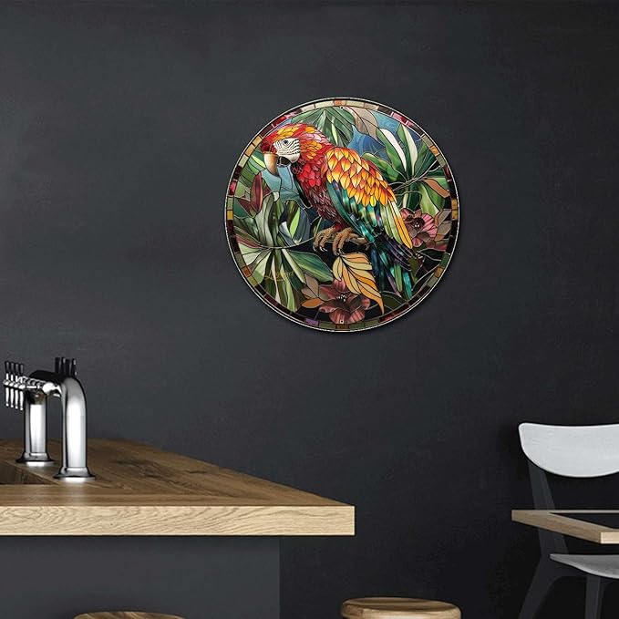 Lygond Metal Sign Tin Sign Circular Stained Glass Parrot Funny Outdoor Decor for Restaurant 12×12 Inches