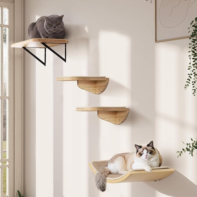 Cat Wall Shelves with Sisal Pads, 4-Piece Wooden Cats Furniture Set with Cat Window Perch, Flat Shelf & Sisal-Clad Steps for Climbing and Scratching