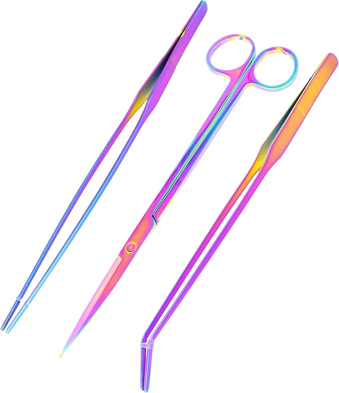 Mandala Crafts Rainbow Stainless Steel Aquascaping Tools Kit – Aquarium Plant Tools with Tweezers and Scissors for Fish Tanks, Hospital Tanks, Goldfish Bowls, Aquariums, and Terrariums