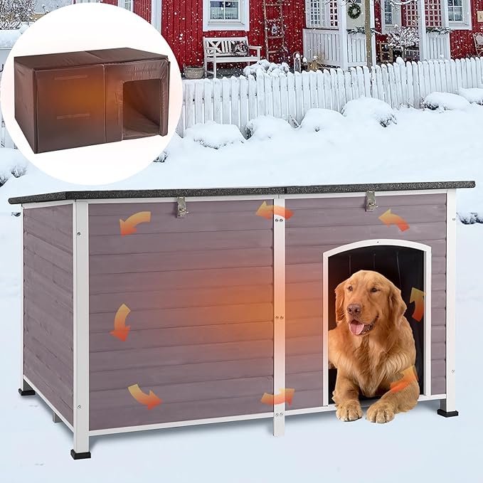 GUTINNEEN 59.1" Extra Large Dog House Outdoor Insulated for Winter with Durable Metal Fame, Grey