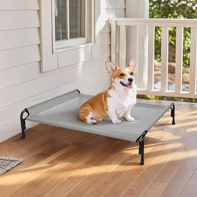 Veehoo Outdoor Elevated Dog Bed, Raised Dog Cot for Small Medium Dogs, Cooling Washable Waterproof Pet Hammock Beds with Slope Headrest, Breathable Mesh and Sturdy Frame, M, Grey, CWC2204