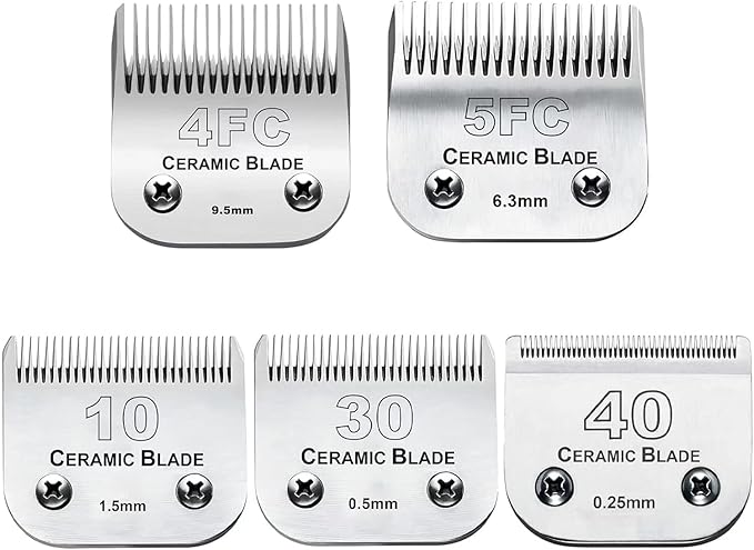 5PCS 10 Blades Dog Grooming Replacement Blades Compatible with Andis Pet Clipper/Oster A5/Wahl KM Series Dog Clipper,Ceramic Blade & Stainless Steel Blade, Size ：#10+30+40+5FC+4FC