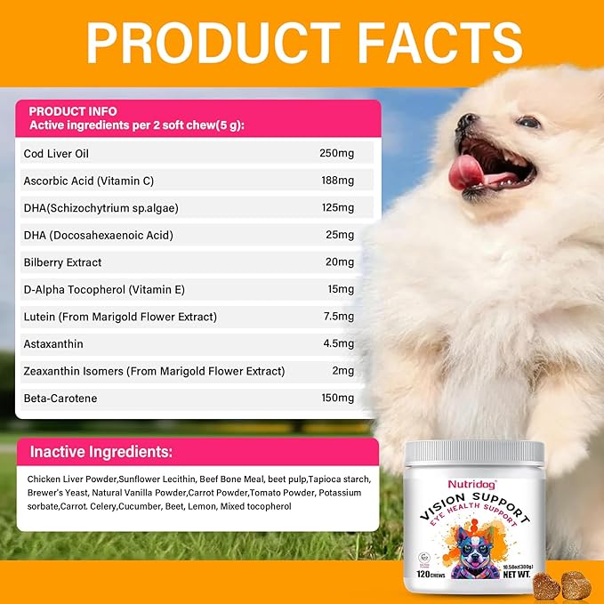 Eye Supplements for Dogs - Vision Support Soft Chews with Lutein, DHA & Vitamin C | 120ct Salmon Flavor Tear Stain Chews | Cataract & Dry Eye Relief Supplement (120 Ct, Salmon)
