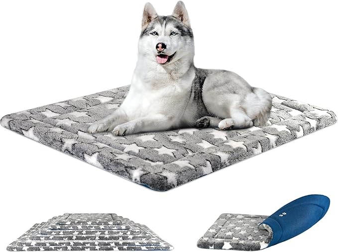KROSER Fancy Crate Pad Bed Mat Reversible (Cool & Warm), Machine Washable, for Small to XXX-Large Dogs, Grey, Navy, Star Pattern