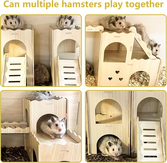 Large Wooden Hamster House Castle with Double Decker,Large Hamster, Wooden Hamster Houses,Dwarf Hamster Habitat Hideout with Climbing Ladder,Large Guinea Pig Castle Detachable Hideouts(D)