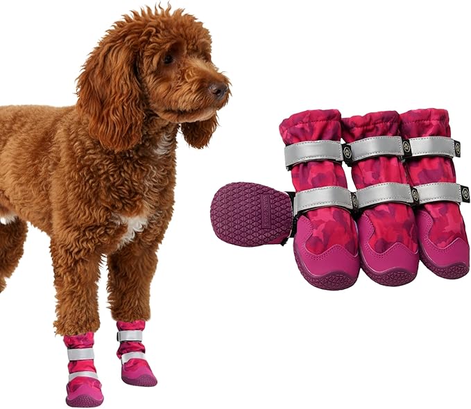Spark Paws Dog Shoes, Waterproof Dog Boots for Medium to Large Dogs, Non Slip, Breathable Dog Booties and Paw Protectors - 4PCS Doggie Hiking Boots with Reflective Straps, Pink Camo, Size 3