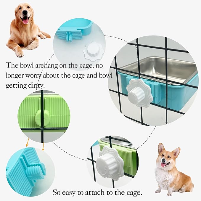 kathson Crate Dog Bowl, Removable Stainless Steel Hanging Pet Kennel Cage Bowl Food & Water Feeder Coop Cup for Puppy, Cat, Rabbit,Guinea Pigs 2pcs Square(Blue,Green)
