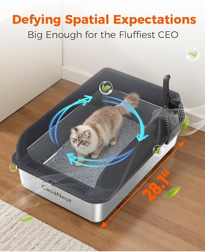 XXXL Stainless Steel Cat Litter Box 28.1''×20.5''× 10.1” Extra Large Metal Cat Litter Box for Big, Multi Cats, Anti-Leakage & Non-Stick Metal Pan, Easy to Clean, Durable (Black