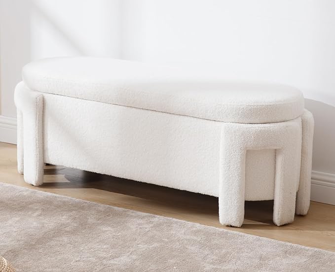 Kmax 50" Storage Ottoman Bench Modern Faux Fur Boucle Entryway Bench Comfy Upholstered End of Bed Bench for Hallway Entrance Bedroom Corner, White