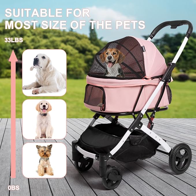 Pet Stroller for Medium Small Dog & Cat, Foldable Lightweight Dog Stroller with Storage Basket Pet Travel Carriage with Safety Leashes, 4 Wheel, Pink
