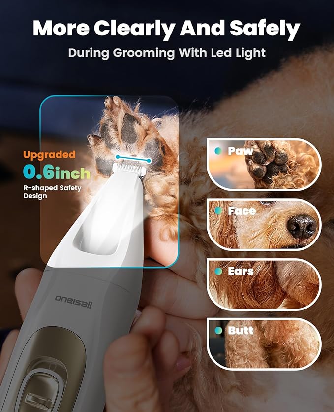 oneisall Quiet Dog Grooming Kit 4 in 1, LED Light Dog Nail Grinder, 2000mAh Pet Grooming Clippers Paw Trimmer for Paw, Nail, Face, Ears, Legs, Body with Storage Bag