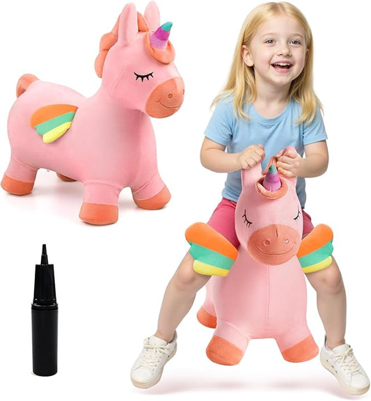 EVERICH TOY Bouncy Horse Unicorn Toys, Inflatable Bouncing Animal Hopping Toys, Outdoor Indoor Ride on Bouncer, Boys Girls Birthday Gift for 18 Month 2 3 4 5 6 Year Old Kid- Plush Unicorn Toy