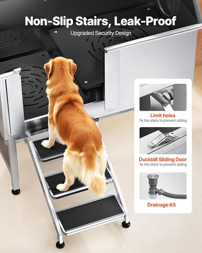 VEVOR Stainless Steel Dog Washing Station, Professional 50 inch Pet Grooming Tub w/Stairs, PE Water Filter Board, Faucet & Showerhead & Soap Holder Bathtub for Large & Medium & Small Pets (Left Door)