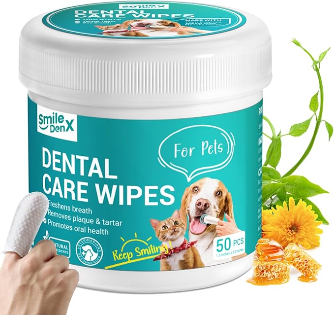 Dog Dental Care Finger Wipes - Teeth Cleaning Finger Wipes for Dog & Cats - Tooth Brushing Kit Dental Wipes for Dog - Reduces Plaque & Freshens Breath (50 PCS, Unscented)
