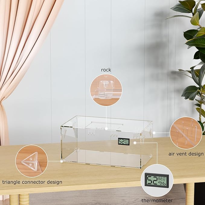 Acrylic Tarantula Enclosure, Reptile Terrarium Breeding Tank w/Temperature Hygrometer,Habitat Reptiles Feeding Box Isopod Terrarium Cage for Insect Lizard Home Office (Reptile-Tank-S(No Tray))