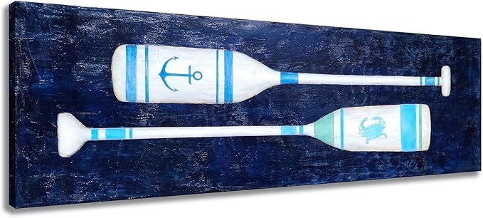 Yihui Arts Coastal Canvas Wall Art - Navy Blue and White Oar Painting for Bedroom Bathroom Decor