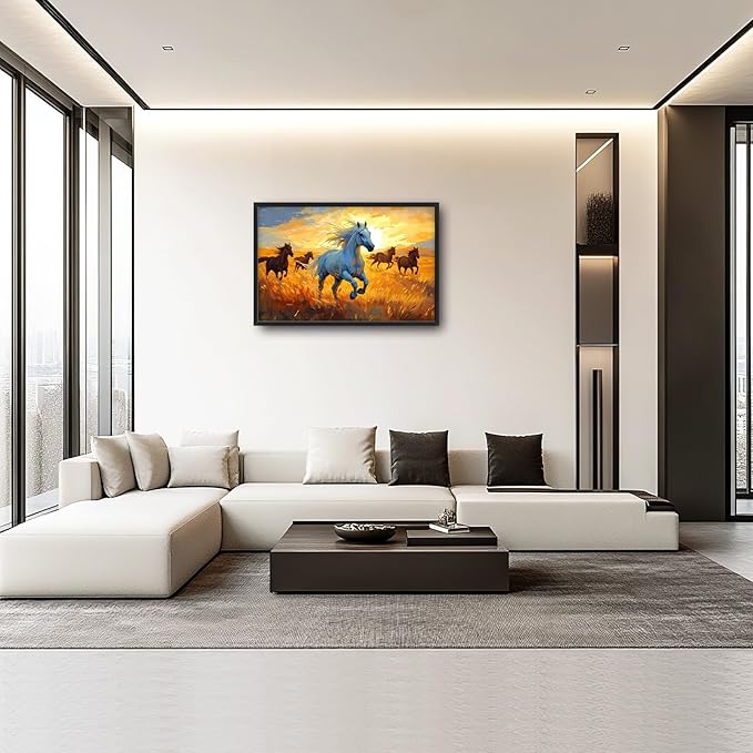 Framed Large Horse Wall Art for Living Room, Oversized Running Horses Wall Decor, Sunset Field Landscape Canvas Painting Home Decoration for Living Room Bedroom Dining Room Office 36"x24"