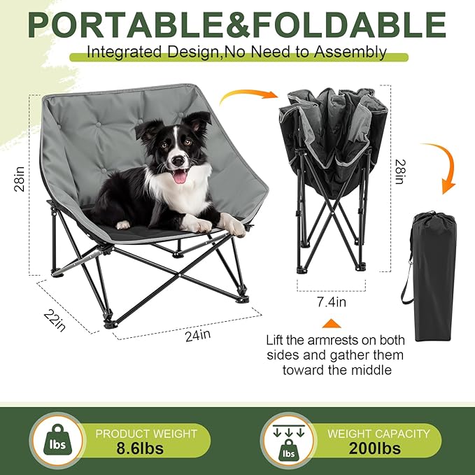 Portable Dog Camping Chairs for Dogs Raised Pet Bed for Outdoor Folding Chair Patio Lazy Puppy Cot Heavy Duty Pet Camping Gear(28x 24 x 22 Inches,Gray)