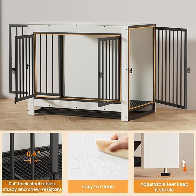 Dog Crate Furniture, Dog Crate End Table for Medium and Large Dogs,Wooden Cage Kennel Furniture Indoor, Modern Dog Crate with Multi-Purpose Removable Tray, Double-Doors Dog Furniture, White