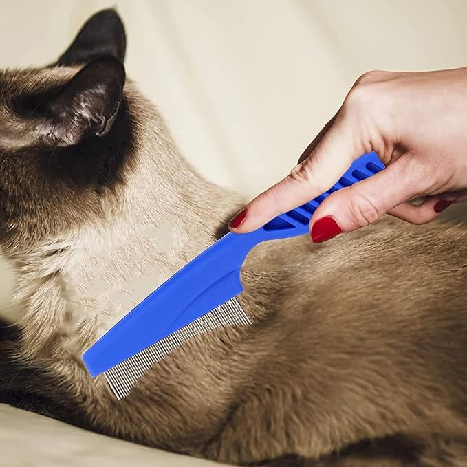Pet Hair Comb, 2-in-1 Multifunctional Stainless Steel Pet Grooming Comb for Dog and Cat for Flea, Tear Stain Removal, and Dehairing Dogs and Cats' Face, Paws, and Body (Blue)