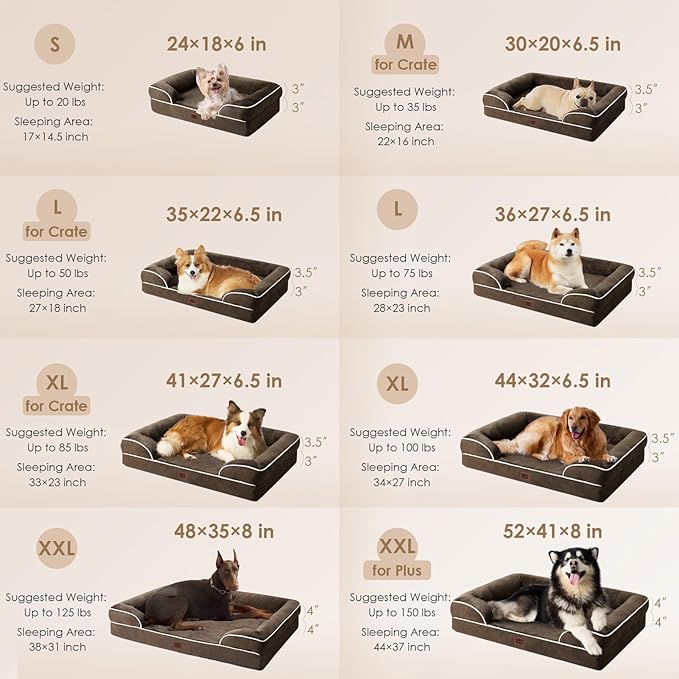 EHEYCIGA Orthopedic Dog Beds for Extra Large Dogs, Waterproof Memory Foam XXL Dog Bed with Sides, Non-Slip Bottom and Egg-Crate Foam Big Pet Couch Bed with Washable Removable Cover, Brown
