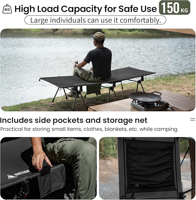 ONETIGRIS SUPRANUBIS Camping Cot, Height Adjustable with Cot Leg Extenders, Strong Support 330lbs, Lightweight Comfortable Folding Bed for Camping, Hiking, Travel, Truck, Beach, Office Nap