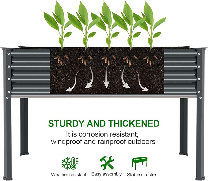 Land Guard Galvanized Raised Garden Bed with Legs, 48×24×32in Large Metal Elevated Raised Planter Box with Drainage Holes for Backyard, Patio, Balcony, 400lb Capacity(Grey)……