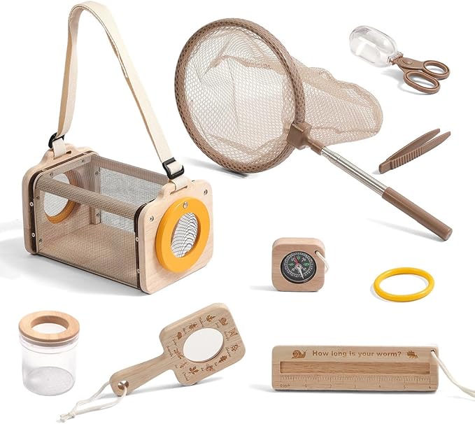 Wooden Bug Catcher for Kids, 8-in-1 Insect Exploration Set with Butterfly Net, Magnifying Glass, Bug Habitat, Tweezers, Compass,Outside Toys for Toddlers