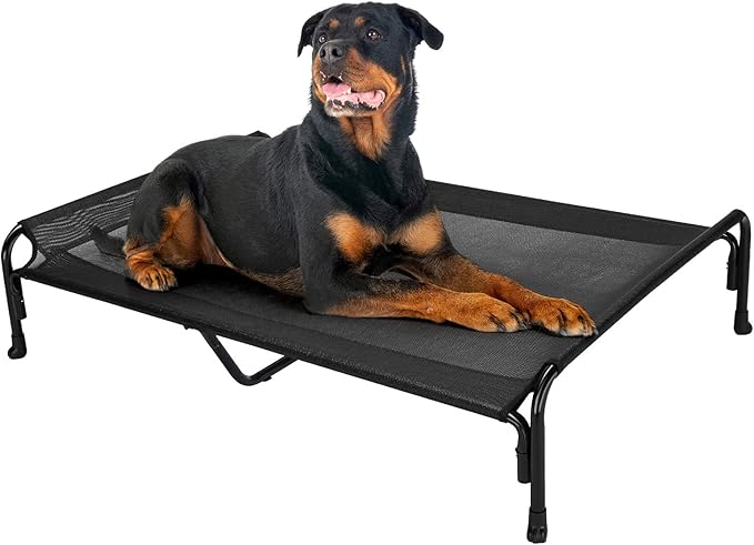 Veehoo XXL Outdoor Elevated Dog Bed, Raised Dog Cot for Extra Large Dogs, Cooling Washable Waterproof Pet Hammock Beds with Slope Headrest, Breathable Mesh and Sturdy Frame, XX-Large, Black, CWC2204