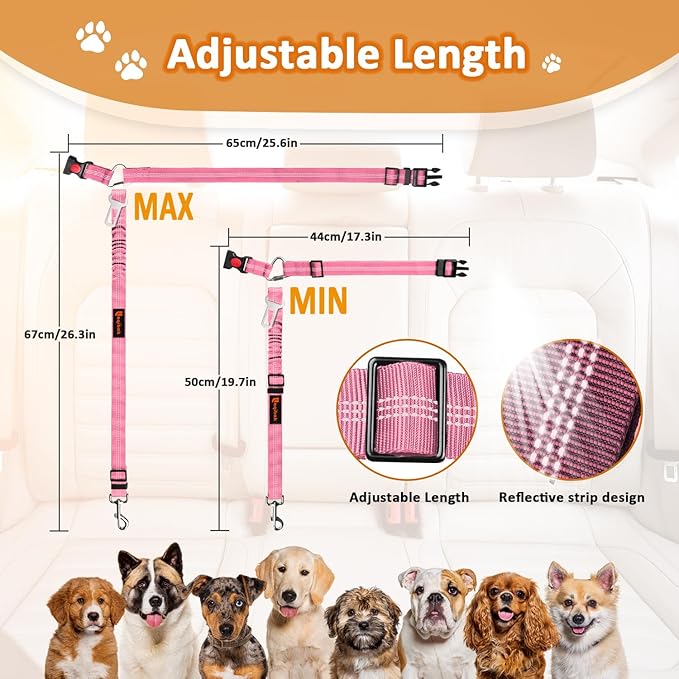 Removable Dog Seat Belt Harness for Car, 3 in 1 Pet Dog Car Seatbelt Leash, Retractable Restraint Secures to Vehicle Headrest & Adjustable Reflective Bungee Dog Seatbelt Tether, Pink