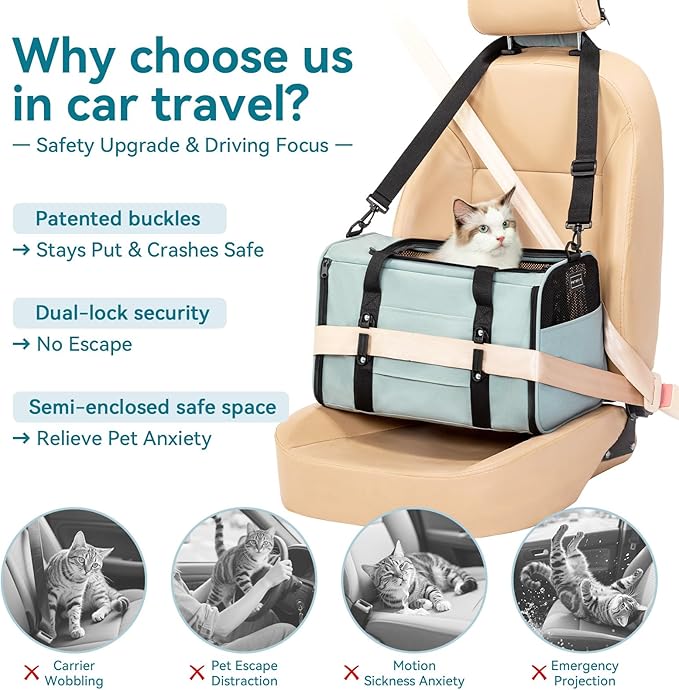 PETSFIT Soft-Sided Cat Carriers & Car Seats with Patent Safe Buckles, Clip-On Harness，18"x11"x11" Airline Approved Pet Carrier - 9 lbs Capacity (Cyan Blue)