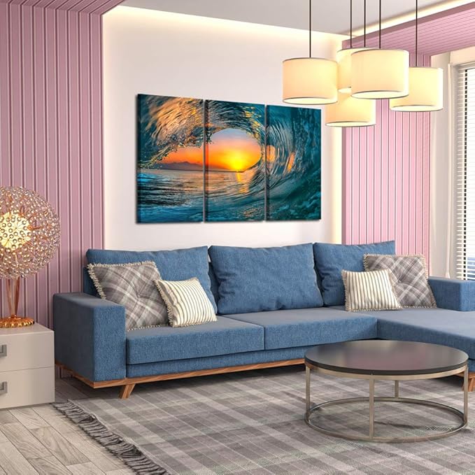 KREATIVE ARTS Large 3 Pieces Canvas Prints Wall Art Sunset Sea Water Ocean Wave Pictures Paintings Modern Stretched and Framed Seascape Giclee Artwork Ready to Hang for Living Room Home Decorations
