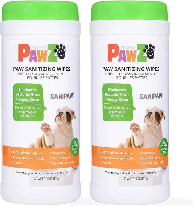Protex PawZ SaniPaw Odor Eliminating Dog Paw Wipes (120 Wipes) Cleansing Dog Grooming Wipes, Simple & Safe Lickable Ingredients - Paw Cleaner for Dogs, Pet Wipes