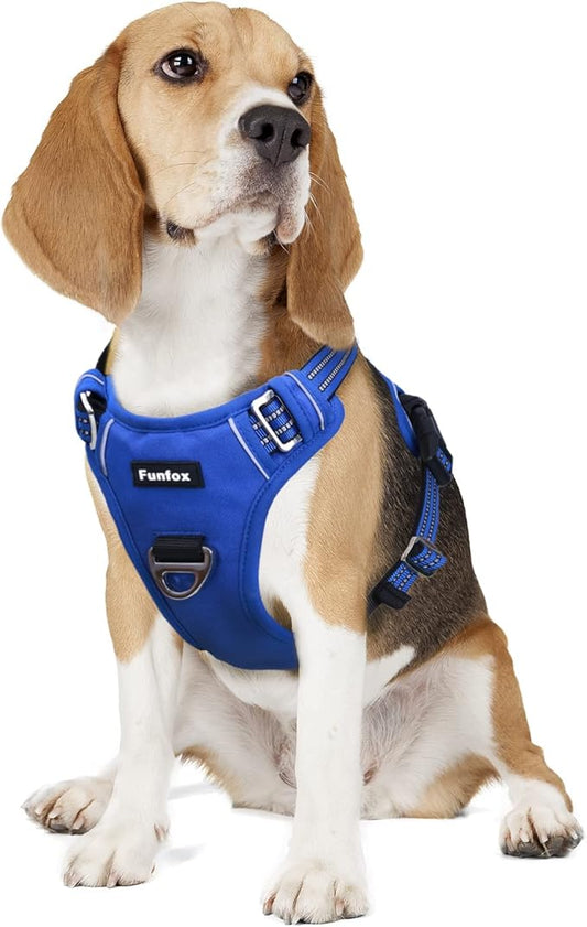 Funfox Dog Harness No Pull, Adjustable Pet Vest Harness, Super Soft Material with Vertical Handle Easy Control, Reflective Night Walking, 2 Leash Clips for Medium Sized Dogs, Blue, M