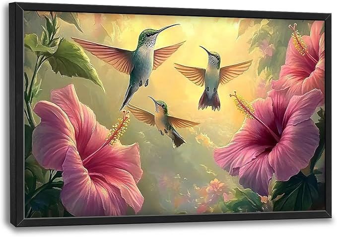 Framed Large Hummingbird Wall Art for Living Room, Oversized Rustic Bird Flower Wall Decor Floral Canvas Painting Nature Sunrise Pictures Modern Artwork for Bedroom Office Dinging Room 36"x24"