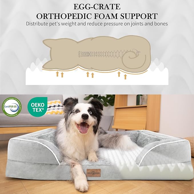 Comfort Expression Jumbo Dog Bed for Extra Large Dogs, Waterproof Orthopedic Large Breed Dog Beds, PV Washable Dogs Sofa Bed with Removable Cover & Non-Slip Bottom(Jumbo,Grey White)