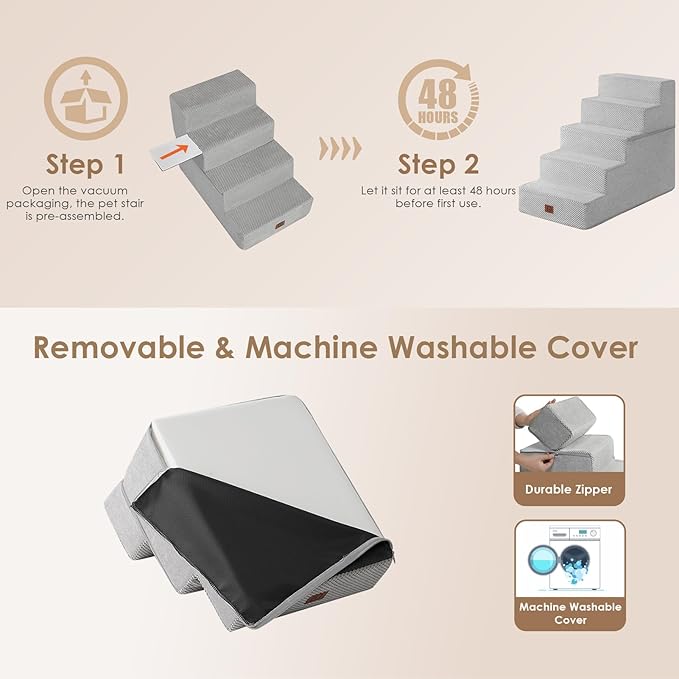 EHEYCIGA Dog Stairs for High Bed 22.5" H, 5-Step Dog Steps for Bed, Pet Steps for Small Dogs and Cats, Non-Slip Balanced Pet Ramp Indoor, Light Grey
