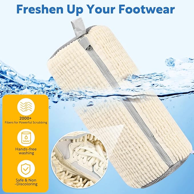 Shoe Bag for Washing Machine, Sneaker Cleaning Bag 2 PCS Set Pearl White, Fluffy Fiber Inside, Large Size Shoe Washing Machine Bag, 360 Laundry Bag for Tennis Gym Running Trainers Hiking